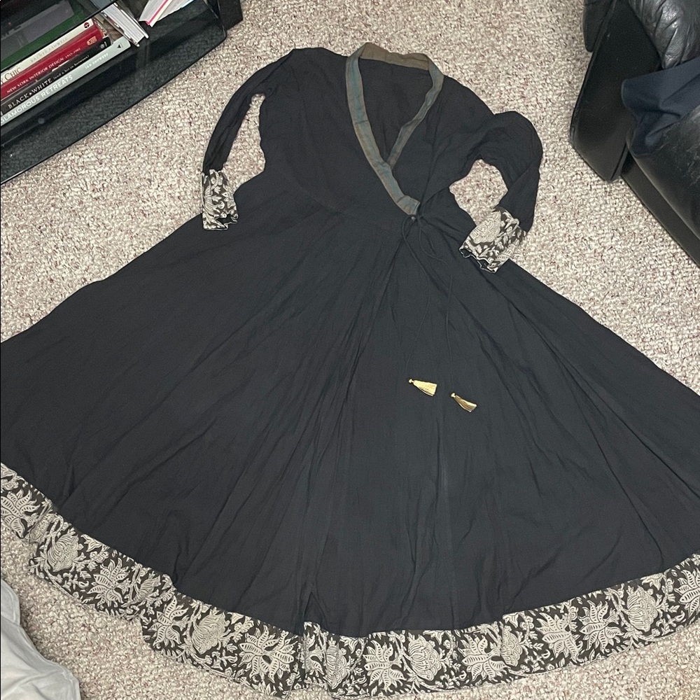 Vintage boho ultra full Black maxi Dress with gold tassel tie and contrast trim